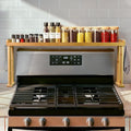 MAVOTER Over The Stove Top Shelf for Kitchen Bamboo Spice Rack Organizer for Back of Stove with Protective Lips & 6 Hooks,Easy Installation 33.5 * 4.5 * 13.4”