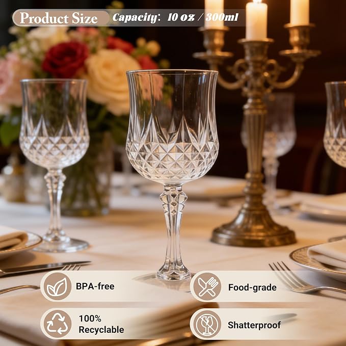30 Pack Plastic Wine Glasses,10oz Unbreakable Vintage Style Goblets,Reusable Crystal Like Drinking Glass for Wedding Reception, Party Supplies (Clear)