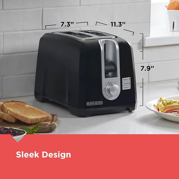 BLACK+DECKER 2-Slice Toaster, Extra Wide Slots for Bagels & Thick Bread, 6 Browning Settings, Removable Crumb Tray, Cancel Button, 850W, Black (Pack of 2)