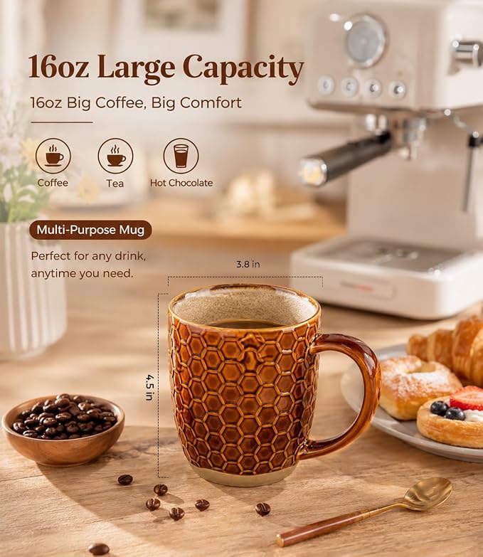 GBhome Large Coffee Mugs Set of 4, 16oz Handmade Embossed Coffee Mugs Set with Large Handle for Cappuccino/Latte/Tea/Hot Cocoa, Dishwasher & Microwave Safe, Caramel