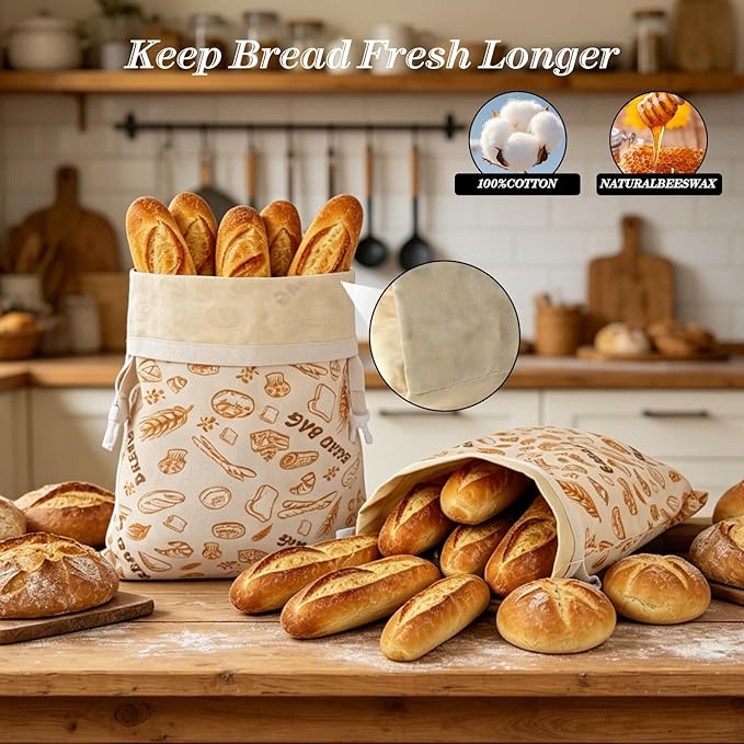 2-Pack Beeswax Bread Bags for Sourdough & Homemade Bread，Reusable Cotton Storage Bags，Extra Large Airtight Food Keeper to Keep Fresh