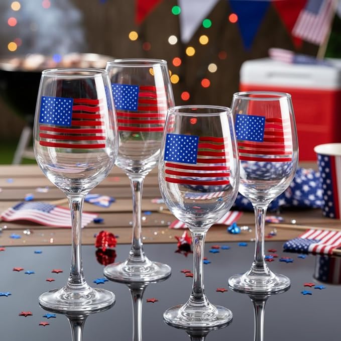 SiliFine 4 Pcs 4th of July Patriotic Party Stemmed Wine Glasses Hand Painted American Flag Drinking Cup Wine Glasses Gifts for Independence Day Theme Holiday Party Supplies