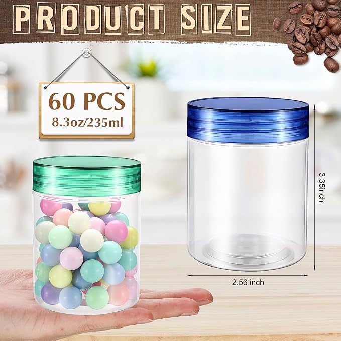 Sliner 60 Pcs 8 oz Plastic Jars with Lids Clear Round Leakproof Storage Containers Empty Refillable Plastic Mason Jars for Travel Storage Face Creams Kitchen Household Food Spice (Fresh Color)
