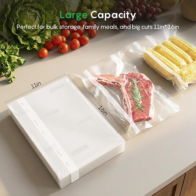 FRESKO 100 Pack 11"x16" Vacuum Sealer Bags, Seal a Meal Precut Storage Bag, Sous Vide Vacuum Safe, BPA Free, Heavy Duty Commercial Grade
