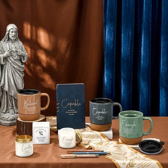 FillTouch 6 Set Christian Gifts for Women Men 15 oz Ceramic Bible Verses Coffee Mug A6 Leather Journal with Pen and Scented Candle Religious Gift for Pastor Church Sunday School(Vivid Color)
