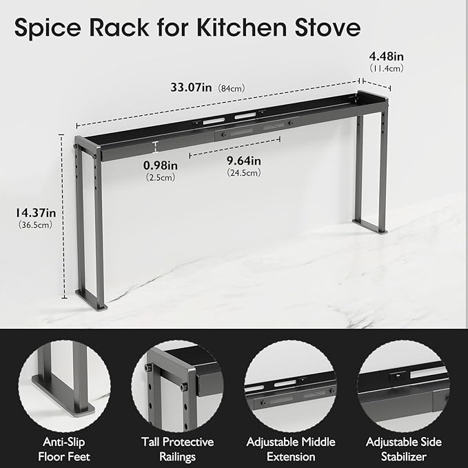 Bumusty Adjustable Stove Top Shelf – Expandable 4-Level Spice Rack and Kitchen Countertop Organizer, Anti-Slip Metal, 27"–33" Length, 11"–14" Height, Black