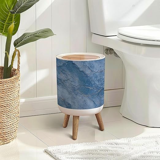 Trash Can with Lid Blue marble stone White veins Emperador Italian glossy granite marble Press Top Round Small Garbage Bin with Wooden Legs Waste Basket for Kitchen Bedroom Nursery 7L/1.8 Gallon