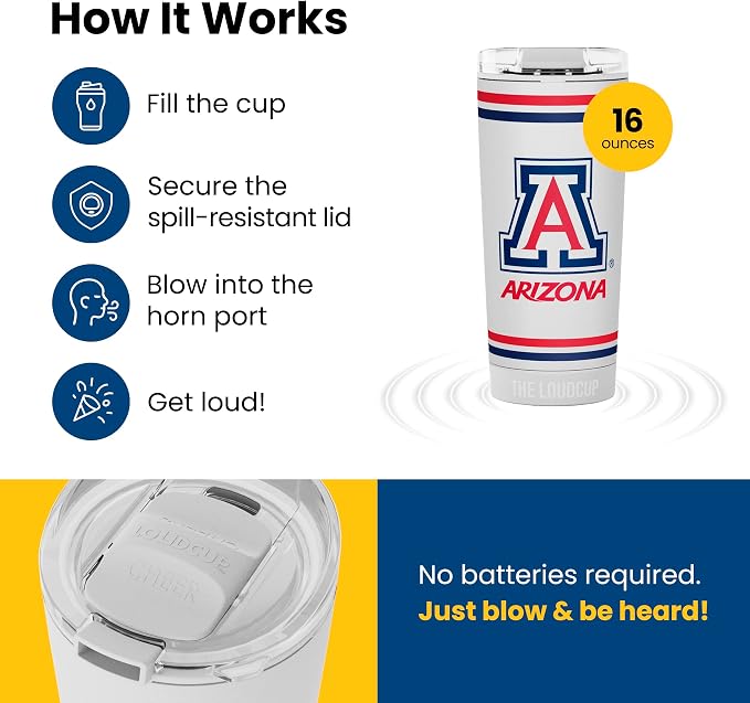 The LoudCup Blow Horn Tumbler, Cheer & Sip 2-in-1 Reusable Water Bottle with Built-In Horn for Sports Games, Tailgates, Parties & Events, BPA-Free, 16 oz, University of Arizona