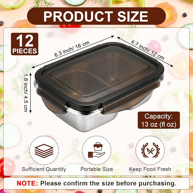 12 Pack 304 Stainless Steel Food Storage Containers 2 Compartment Food Grade Metal Lunch Bento Boxes with Airtight Lid 13 oz/380ml Meal Prep Container Freezer Dishwasher Safe