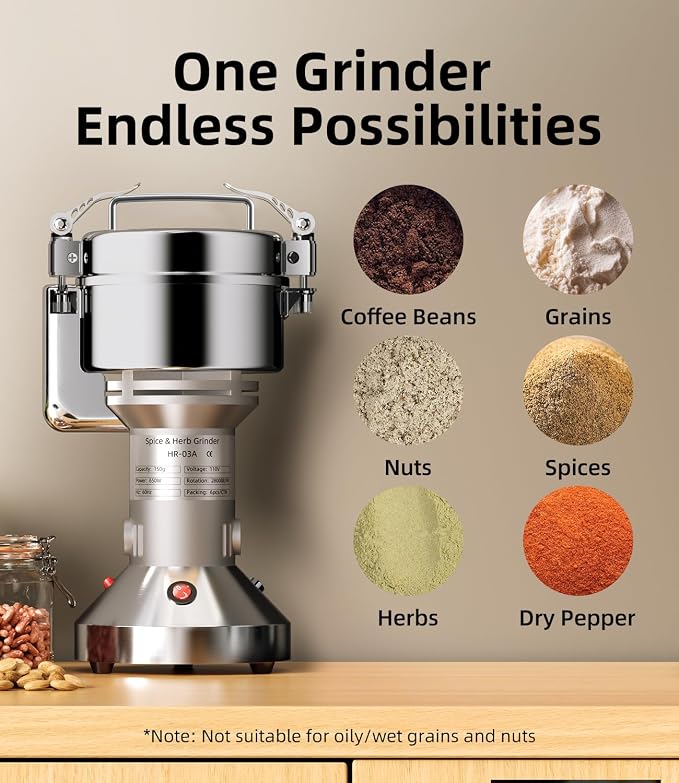 Electric Grain Mill 150g, Flour Grinder Mill Stainless Steel for Home, Counter Grain Grinder for Wheat, Rice, Wheat Berry, Corn, Herbs, Spices, Oats