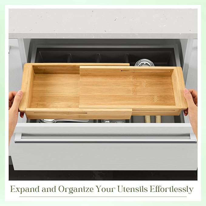 LemonRoad 2 Pcs Sliding Drawer Organizer Bin Bamboo Drawer Expandable Bins Utensil Organizer for Kitchen Spoons Forks Knives (Wood)