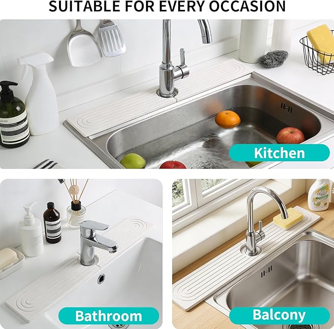 Absorbent Stone Faucet Mat for Kitchen Sink, Diatomite Stone Sink Tray Quick Dry, Bathroom Sink Splash Guard Behind Faucet, Water Catcher & Draining Mat for Sink Counter Protector, 15.8" x 4"