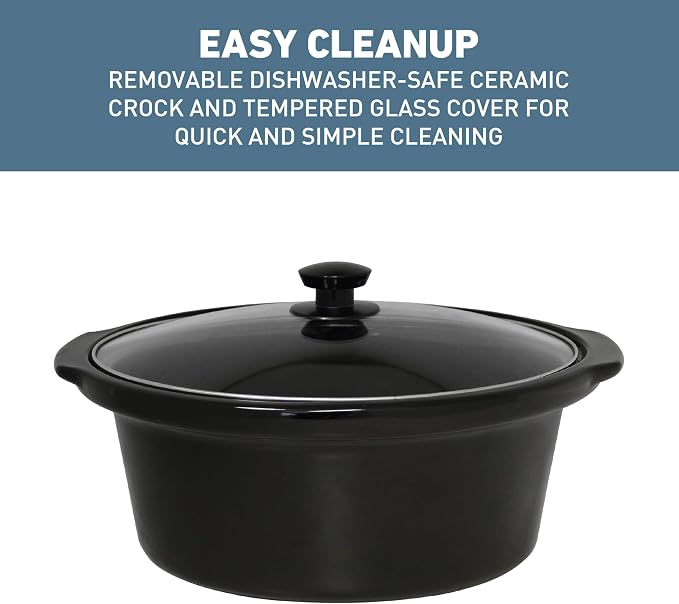 West Bend Slow Cooker 6-Quart Manual Crockery Style with Dishwasher Safe Oval Ceramic Crockpot and Glass Lid Two Temperature Settings Plus Keep Warm, 330-Watts, Black