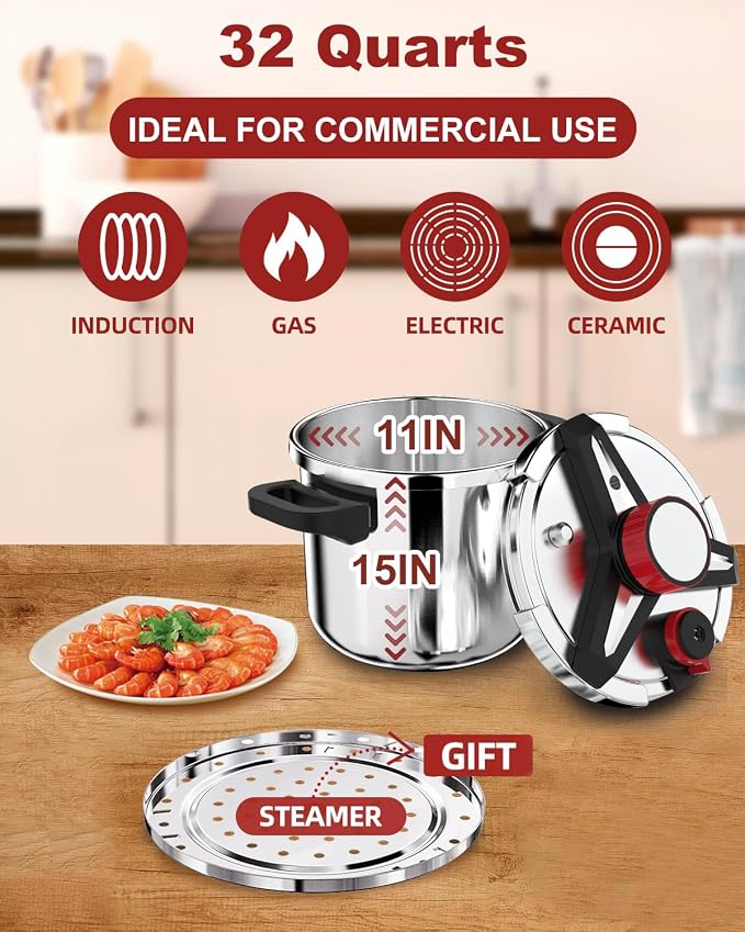 3-In-1 Stainless Steel Pressure Cooker 32 QT: [Save 70% Time] [3 PSI Settings], One-Hand Locking Large Pressure Canner, Induction Compatible, Steamer Rack Included, Olla de Presion 32 Quart, N2