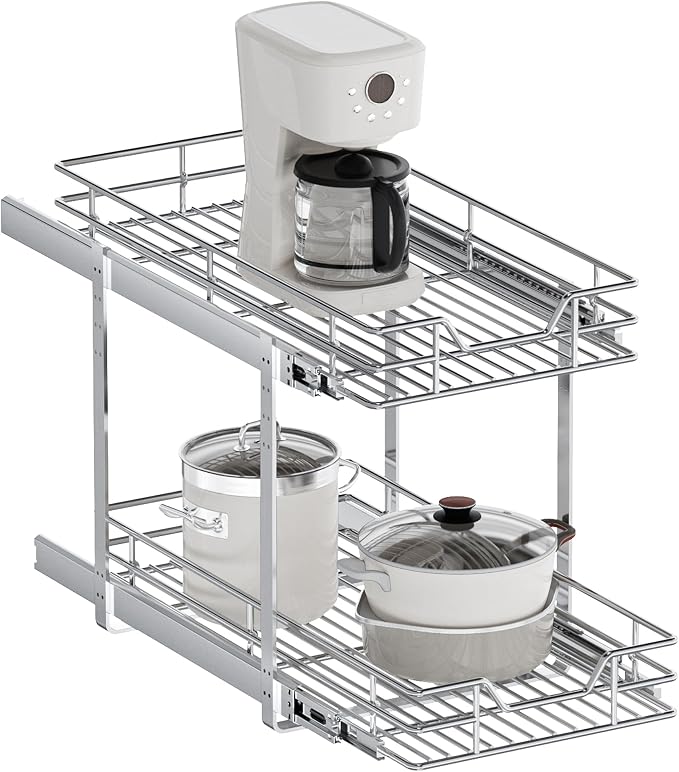 2-Tier Pull Out Cabinet Organizer, 13.5" W x 18" D, Heavy Duty Dual Slide Out Shelves for Base Cabinets, Chrome Wire Basket Drawer for Pantry, Kitchen & Bathroom Storage