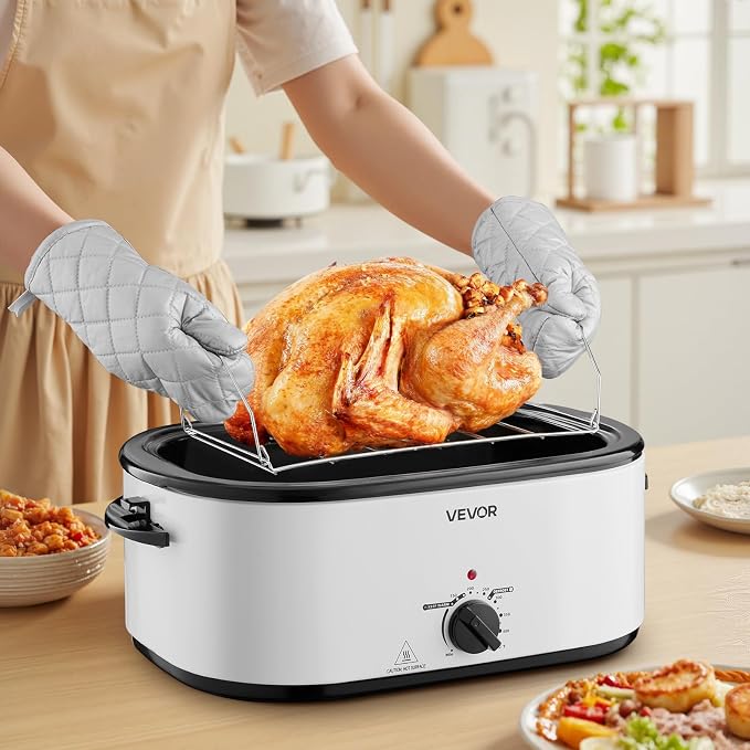 VEVOR Roaster Oven, 26QT Electric Roasting Pan, 150-450℉ Adjustable Temperature Fast-Cooking Turkey Roaster with Cool-Touch Handle, Visible Self-Basting Lid, Defrost & Warm Function, Fits 30lb Turkey