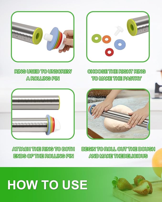 Rolling Pin with Adjustable Thickness Rings & Silicone Baking Pastry Mat Set, Stainless Steel Dough Roller, Rolling Pins with 30PCS Cookie Cutters, for Baking Fondant Pizza, Pie Crust