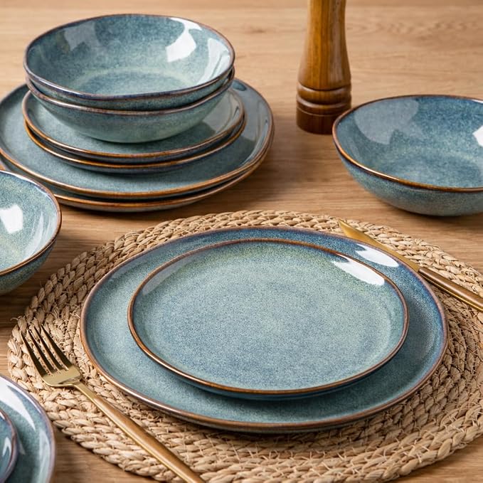 AmorArc Ceramic Dinnerware Sets,Handmade Reactive Glaze Stoneware Plates and Bowls Sets,Highly Scratch Resistant | Dishwasher & Microwave Safe Dishes Set,Service for 4 (12pc)
