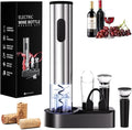 6-in-1 Electric Wine Opener, Battery Operated Automatic Wine Opener with Foil Cutter, Aerator, Vacuum Stopper & Base, One-Touch Operation, Stainless Steel, Sliver, Perfect for Home Bar, Gifts, Outdoor