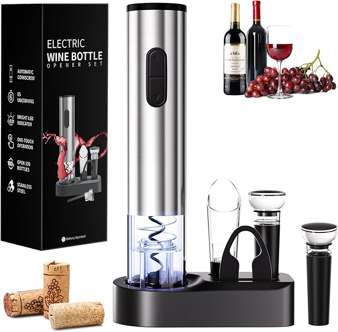 6-in-1 Electric Wine Opener, Battery Operated Automatic Wine Opener with Foil Cutter, Aerator, Vacuum Stopper & Base, One-Touch Operation, Stainless Steel, Sliver, Perfect for Home Bar, Gifts, Outdoor