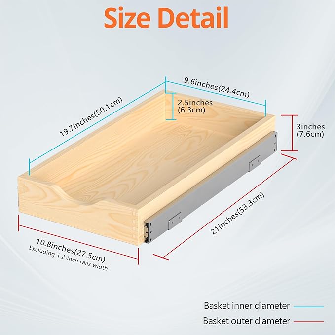 ZOINLIY Wooden Pull Out Cabinet Organizer, Slide Out Drawer for Kitchen Organizers and Storage, Soft Close, Heavy Duty, Fully Expandable - Bottom Mounting