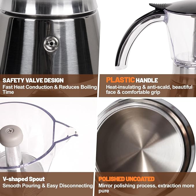 Electric Moka Pot 3-6 Cup 150-300ml Plastic Transparent Stovetop Espresso Maker Portable Stainless Steel Mocha Pot Percolator Italian Coffee Makers Greca Machine Cafe Classic for Home Camping