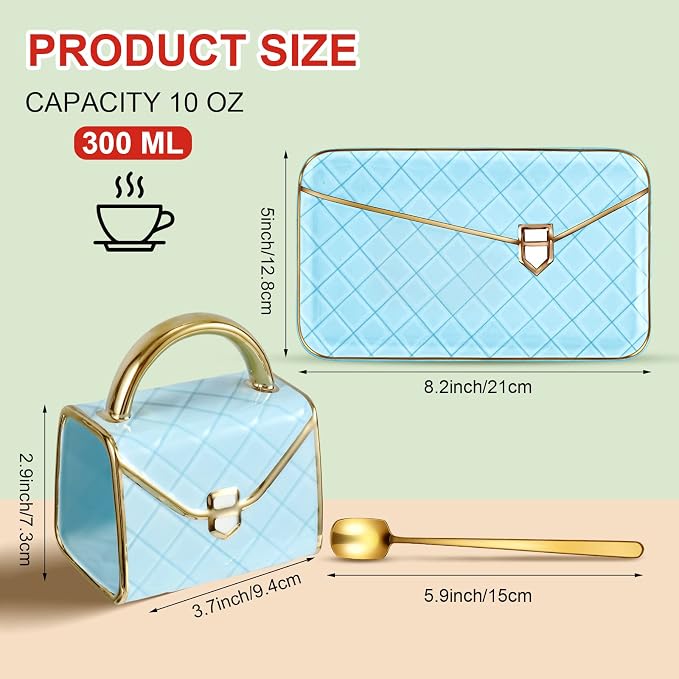 Zubebe 1 Set Coffee Mug Elegant Handbag Shaped Cup Modern Ceramic Purse Mug with Spoon and Saucer, 10oz Cute Creative Tea Cup for Woman Girls Gift (Blue)