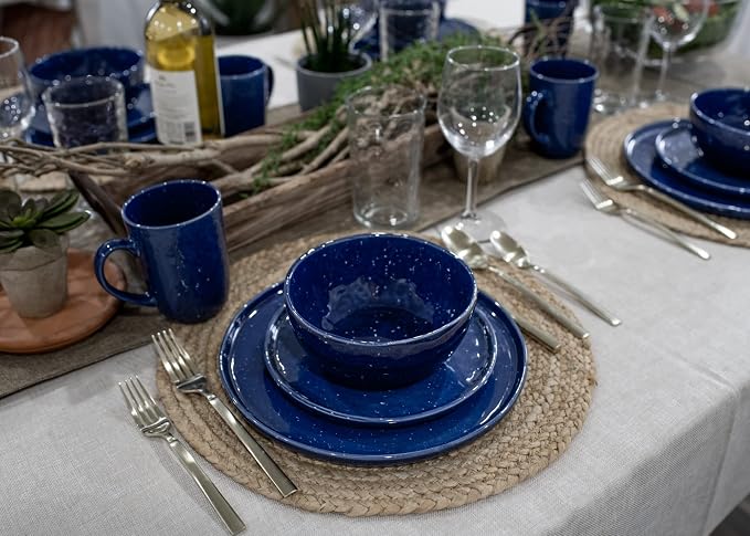 Elanze Designs Shiny Speckled Western Country Style Ceramic Plates Bowls Mugs Dinnerware 16 Piece Set - Service for 4, Blue