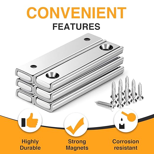 TRYMAG Neodymium Rectangular Magnets 80Lbs, 60 x 13.5 x 5mm Strong Bar Magnets with Countersunk Hole and Steel Capsule, Heavy Duty Industrial Rare Earth Magnets with Screw for Wall Mounting, Pack of 6