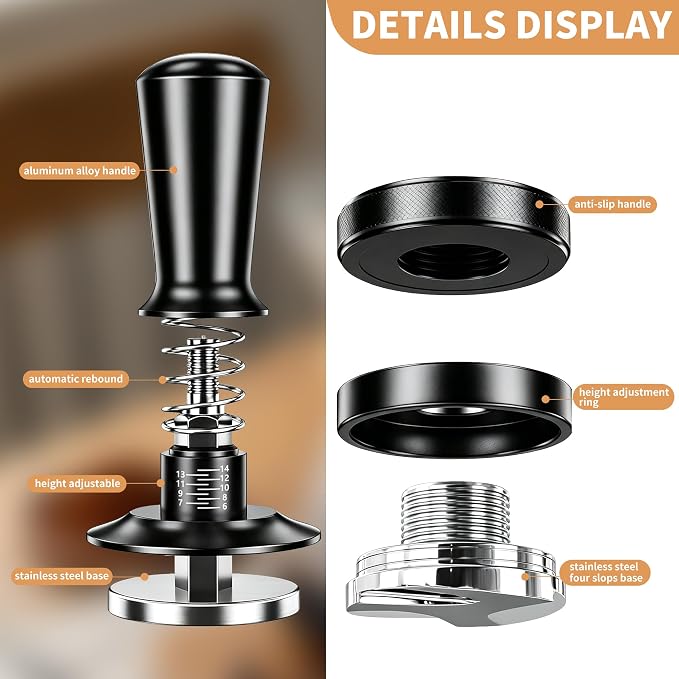 7-Piece 51mm Espresso Accessories Kit with Wood Tamping Station | Wood tamping station with tamper, distributor, WDT tool, dosing funnel, milk pitcher and puck screen for home espresso