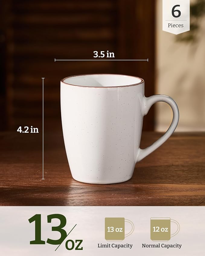 famiware Venus Coffee Mugs for 6, 13 oz Mug Set, Dringking Cup with Handle for Coffee, Tea, Cocoa, Milk, White