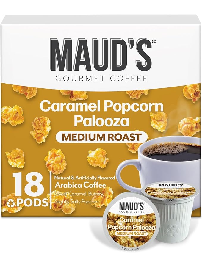Maud's Caramel Popcorn Flavored Coffee Pods, 18 ct, Medium Roast Flavored Coffee in Single Serve Pods – 100% Arabica Beans, Compatible with Keurig K Cups Maker
