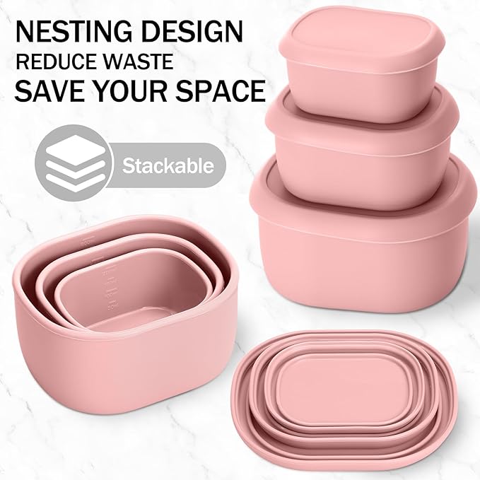 Blushtier 12 Pcs Silicone Food Storage Containers with Lids Reusable Silicone Snack Container 3 Size Lunch Box Bento with Lids Freezer Dishwasher Safe,6.7oz, 10oz, 20oz (Macaroon Color)
