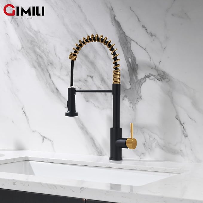 GIMILI Black and Gold Kitchen Faucet with Pull Down Sprayer Single Hole Stainless Steel Sink Faucet, Suitable for Farmhouses, RV, Laundry Room, Outdoor, and Campers. Llave para fregadero de cocina