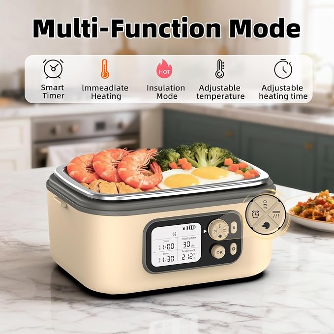 Cordless Electric Heated Lunch Box for Adults, XL 6.3-Cups Rechargeable Battery Powered Smart Self Heating Lunchbox for Men Women, 100W Food Warmer for Trucks Driver Travel Office Worker