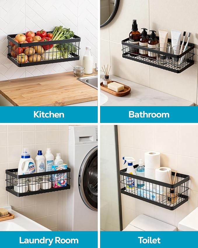 Nieifi Hanging Fruit Basket 4 Pack, Wall Mounted or Adhesive Kitchen Storage Baskets with Hooks Rack & Paper Towel Holder for Pantry, Fruit & Vegetable Storage