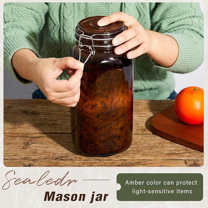 Norme 4 Pack 78oz Amber Airtight Glass Jars with Lids, Square Food Storage Container Airtight Food Wire Clip Fastening for Sauerkraut Flour Kitchen Sugar Cereal Kitchen Canning Pickling Mason Jars