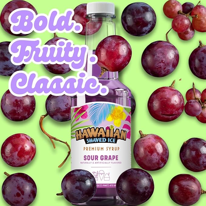 Hawaiian Shaved Ice Sour Grape Syrup - Nut Soy Dairy Free - Flavor Fluffy & Crunchy Snow Cones - Shelf Stable - Makes 8 Servings - 16 ounces