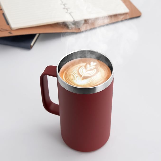 DOMICARE 24oz Mug with Handle and Lid, Stainless Steel Coffee Mug, Travel Mug with Handle, Double Wall Vacuum Coffee Tumbler, Reusable Insulated Cup, Dark Red, Pack 4