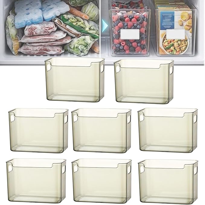 Crystal Clear Freezer Storage Bins, Stackable Fridge Organizer Bins with Handles, Clear Plastic Food Containers for Refrigerator and Pantry, Kitchen Organization for Meat & Veggies (Green*8, Large)