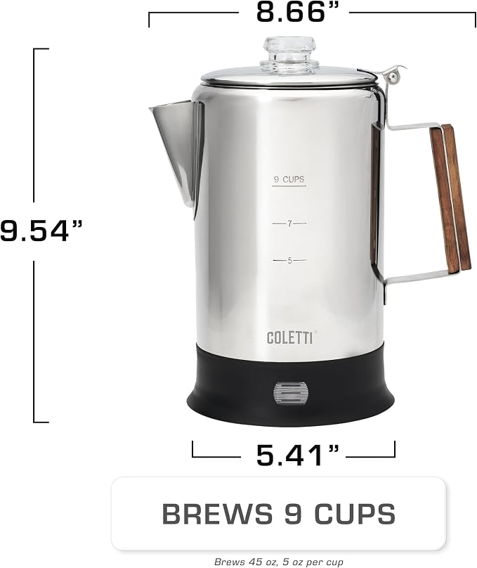 COLETTI Bozeman Electric Percolator — Percolator Coffee Pot, Coffee Percolator Electric – [9 cup, Stainless Steel]