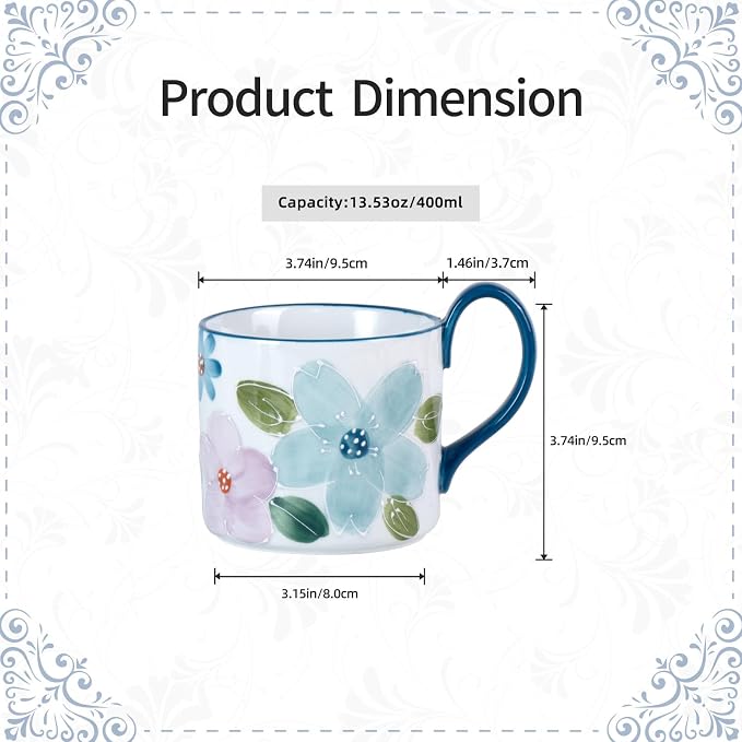 KAMMAK Ceramic Coffee Mug, 13.5oz Blue Mugs Set of 2, Novelty Cup for Tea, Juice, Milk, Cute Porcelain Water Cups with Handle for Women, Dishwasher and Microwave Safe