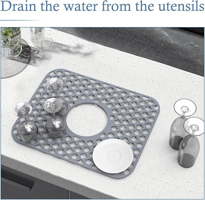 Silicone Sink Protector for Kitchen Bathroom Sink, 2 Pack 13.58"x 11.6" Heat-resistant Mat, Non-Slip and Durable Silicone Protectors, Center Drain (Gray)