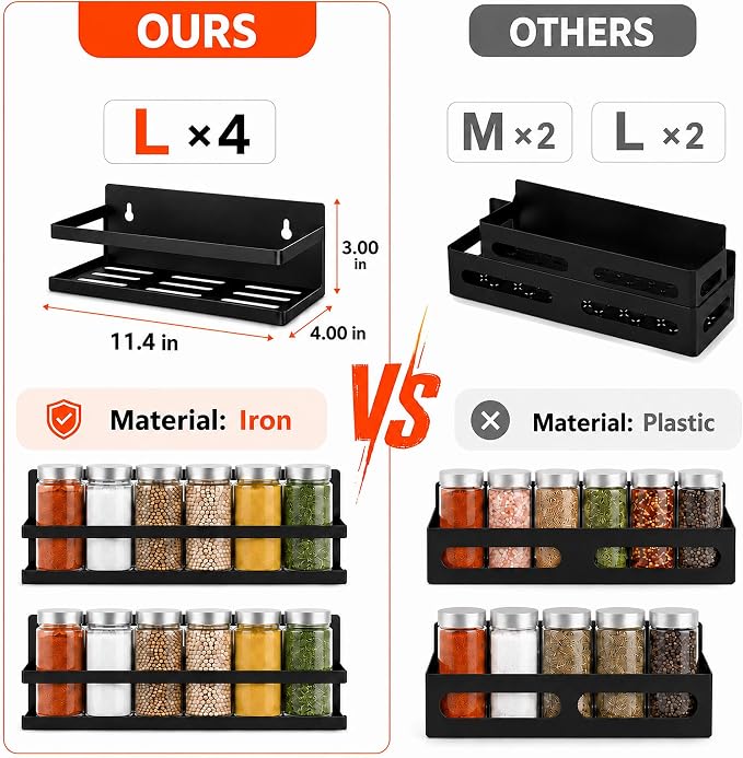 SMRCAD Metal Magnetic Spice Rack for Refrigerator, 4 pack Magnetic Shelf for Fridge Space Saving Seasoning Organizer for Any Metal Surface No Drilling Needed (BLACK -cut out, 4pack)