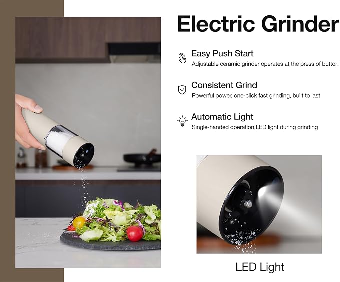 Electric Salt and Pepper Grinder Set Stainless Steel 2 Pack USB Rechargeable LED One Hand Off White