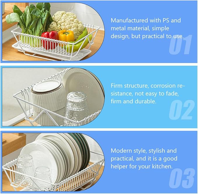 ULTECHNOVO Dish Drying Rack Over Sink Metal Drainer Rack with Utensils Holder and Removable Tray Kitchen Storage Organizer for Countertop Use