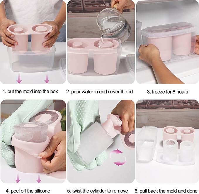 2 Packs Ice Mold for Stanley Cup, Silicone Ice Cube Tray for Stanley Cup 30oz-40oz, Tumbler Ice Mold with Lid and Bin, Easy Release Cylinder Ice Cube Mold, Rose Quartz