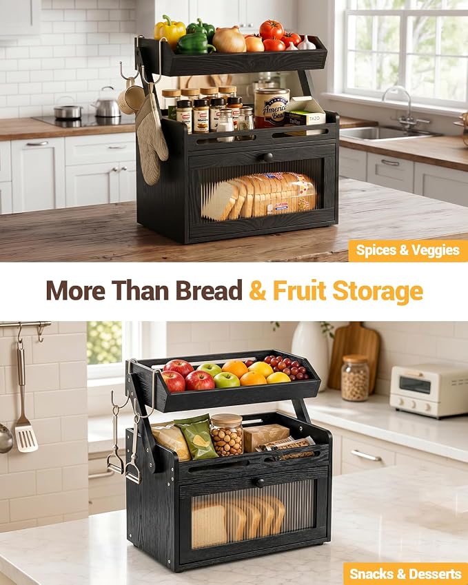 Bread Box for Kitchen Countertop, Bamboo Bread Storage Container with Fruit Basket, Clear Door & Magnetic Closure, Raised-Rail Shelves & 2 Banana Hooks, Farmhouse Pantry Organizer, Black