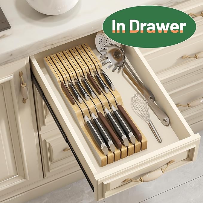 Knife Drawer Organizer, Bamboo Wood Knife Organizer Drawer Insert, Brown Knife Block Fit for 13 Knives