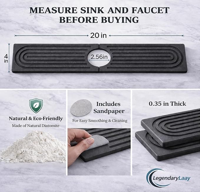 Diatomite Faucet Mat for Kitchen Sink, Fast Dry Stone Sink Splash Guard, Water Absorbing Faucet Tray (20” x 4”) – Fits Standard Faucets, Please Measure Sink & Faucet Before Purchase